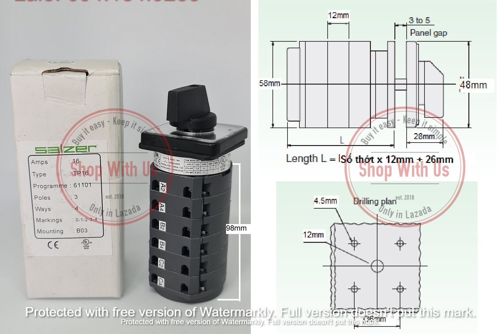 Chuyển mạch 0-1-2-3-4 - Công tắc xoay 0-1-2-3-4 TP16 61101 - Chuyển mạch 4 vị trí 1 Off Ấn Độ - Chuyển mạch 0-1-2-3-4 Salzer - chuyển mạch Salzer