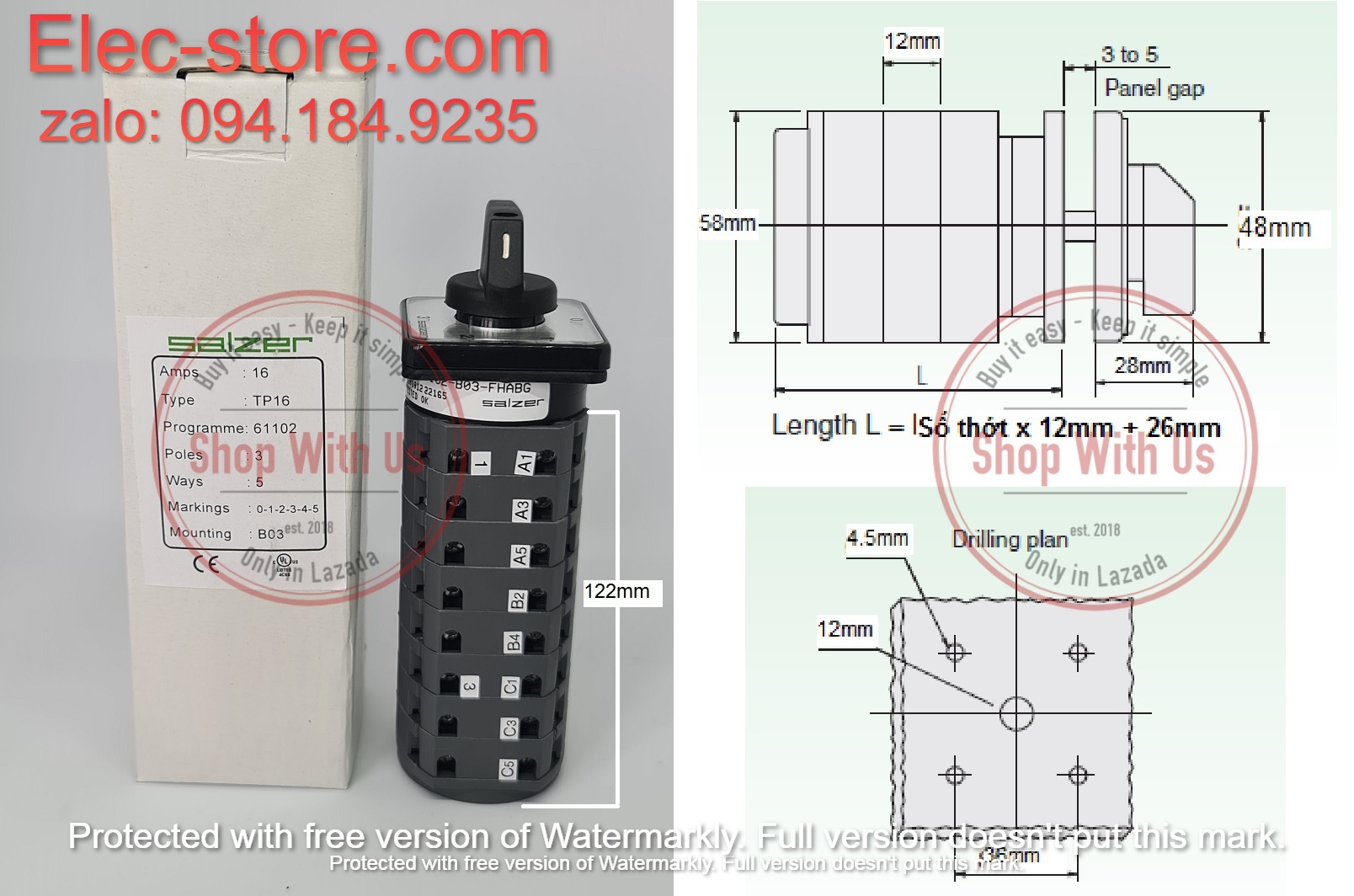 Chuyển mạch 0-1-2-3-4-5 - Công tắc xoay 0-1-2-3-4-5 TP16 61102 - Chuyển mạch 4 vị trí 1 Off Ấn Độ - Chuyển mạch 0-1-2-3-4-5 Salzer - chuyển mạch Salzer