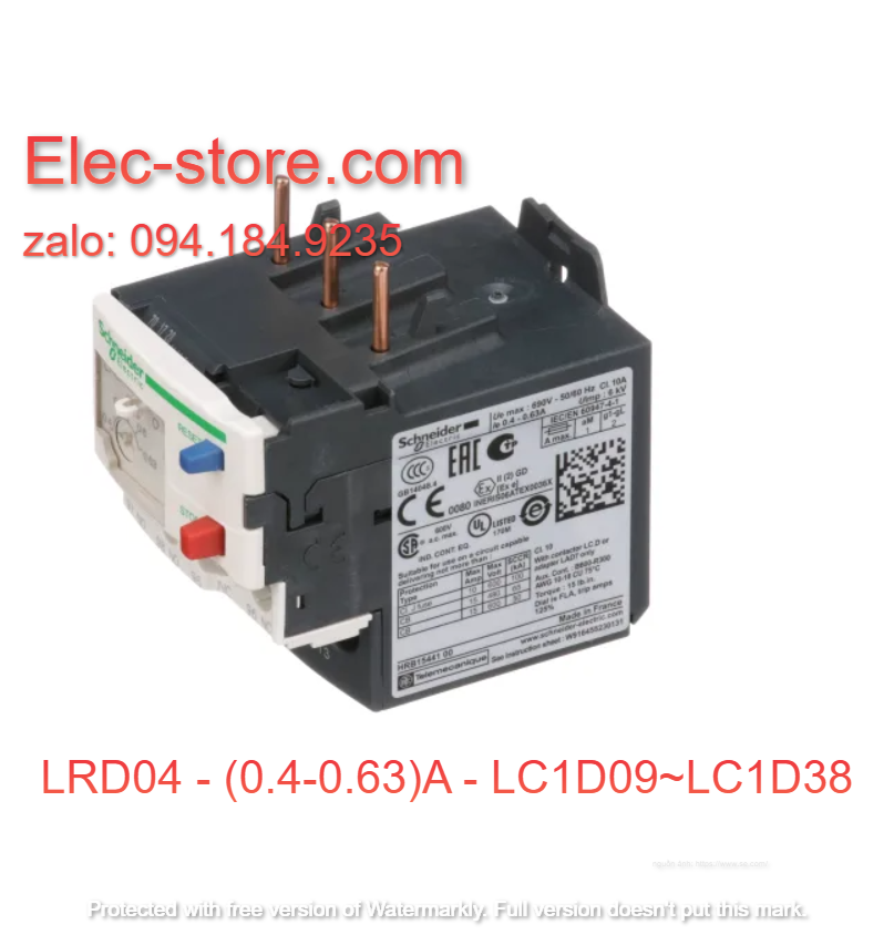 Relay Nhiệt Schneider - LRD series - Đuôi Nhiệt Schneider LRD04 (0.4-0.63)A - rơ le nhiệt schneider