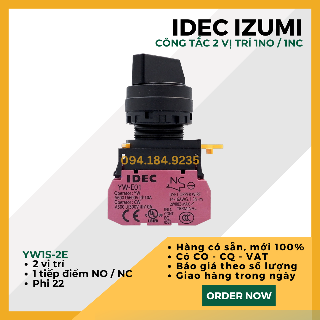 Công tắc 2 vị trí IDEC YW1S-2E10 22mm 1NO - Công tắc xoay 2 vị trí On-Off IDEC - Công tắc YW1S 2E11 tiếp điểm tự chọn