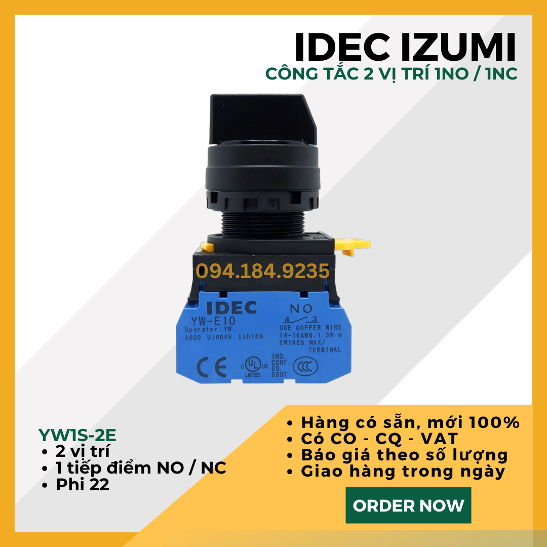 Công tắc 2 vị trí IDEC YW1S-2E10 22mm 1NO - Công tắc xoay 2 vị trí On-Off IDEC - Công tắc YW1S 2E11 tiếp điểm tự chọn