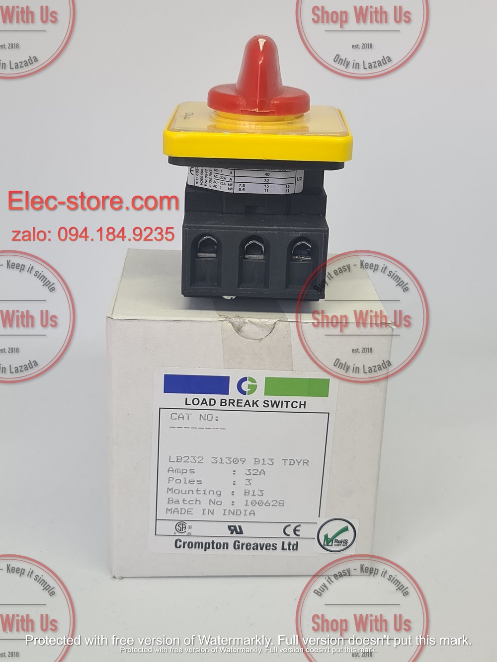 Công tắc LB232 3P 32A  On/Off - Công tắc chuyển mạch dòng điện ba pha LB232 31309 B13 TDYR - Chuyển mạch dòng 3P 32A 2 vị trí ON/OFF -  Công tắc xoay 2 vị trí đổi dòng 3P 32A - chuyển mạch Salzer