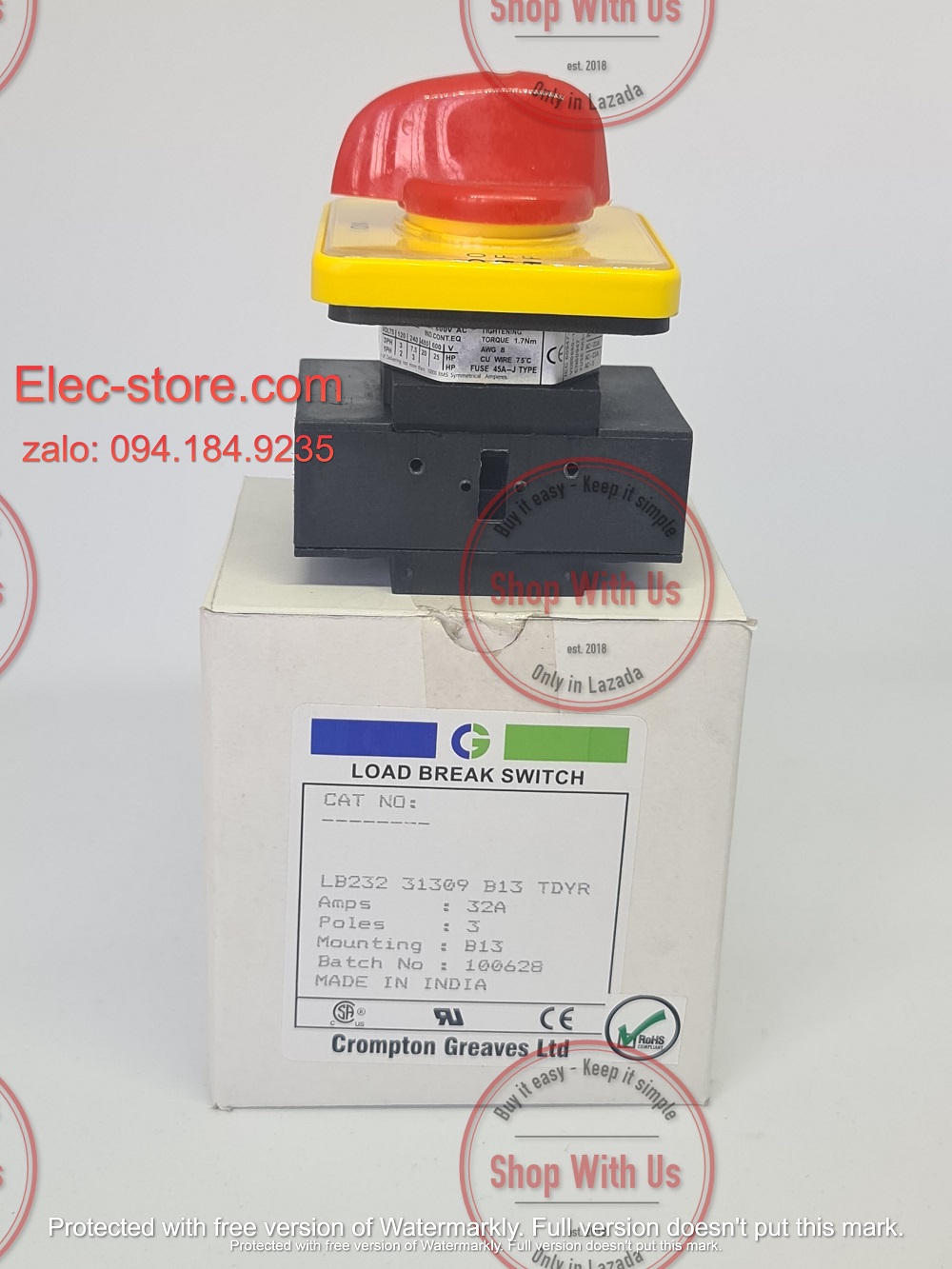 Công tắc LB232 3P 32A  On/Off - Công tắc chuyển mạch dòng điện ba pha LB232 31309 B13 TDYR - Chuyển mạch dòng 3P 32A 2 vị trí ON/OFF -  Công tắc xoay 2 vị trí đổi dòng 3P 32A - chuyển mạch Salzer