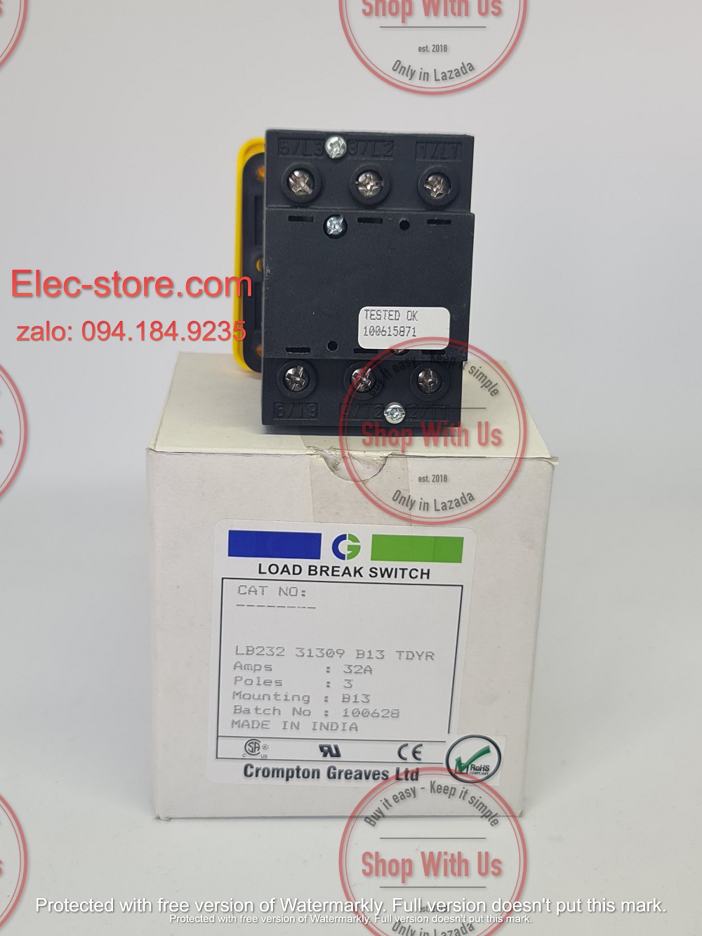 Công tắc LB232 3P 32A  On/Off - Công tắc chuyển mạch dòng điện ba pha LB232 31309 B13 TDYR - Chuyển mạch dòng 3P 32A 2 vị trí ON/OFF -  Công tắc xoay 2 vị trí đổi dòng 3P 32A - chuyển mạch Salzer