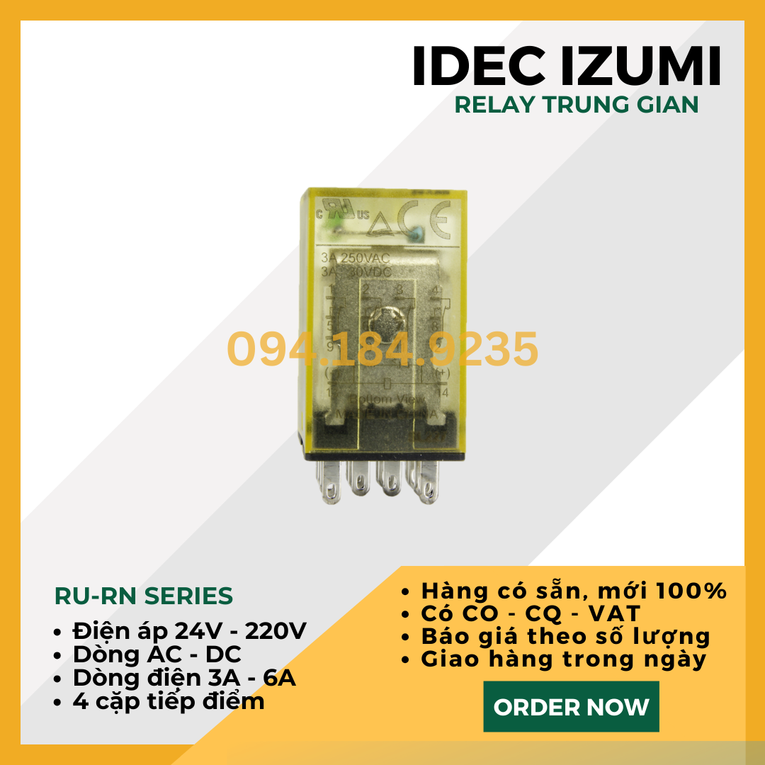 Relay 3A 220VAC - Rơ le nguồn nhỏ gọn IDEC RN4S-NL-A220 _ Relay IDEC RN4S-NL-A220 _ Relay Trung Gian 3A _ Đầu relay - Không đế
