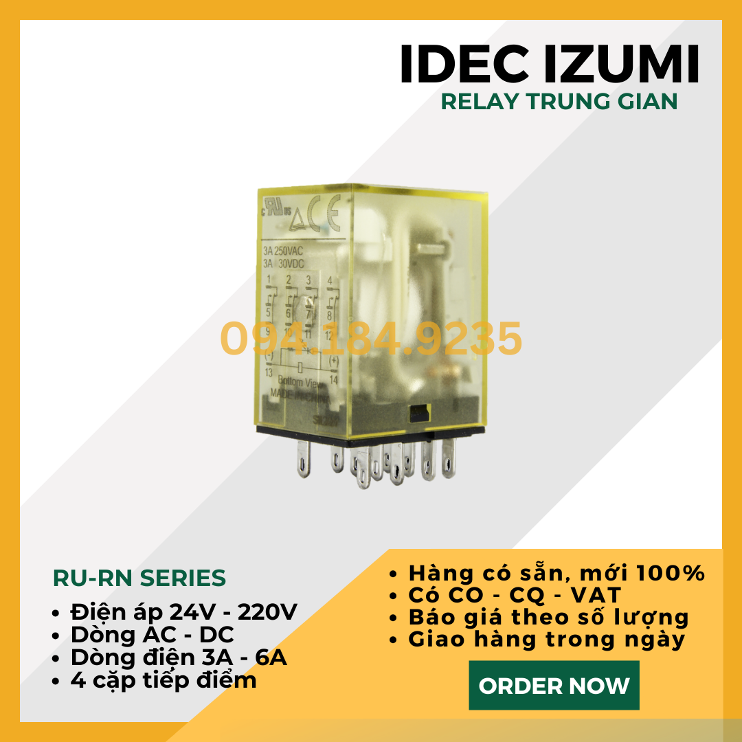 Relay 3A 110VAC - Rơ le nguồn nhỏ gọn IDEC RN4S-NL-A115 _ Relay IDEC RN4S-NL-A115 _ Relay Trung Gian 3A _ Đầu relay - Không đế