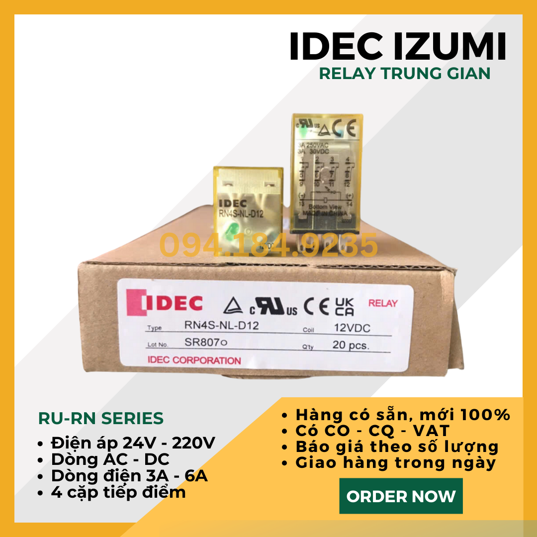 Relay 3A 12VDC - Rơ le nguồn nhỏ gọn IDEC RN4S-NL-D12 _ Relay IDEC RN4S-NL-D12 _ Relay Trung Gian 3A _ Đầu relay - Không đế