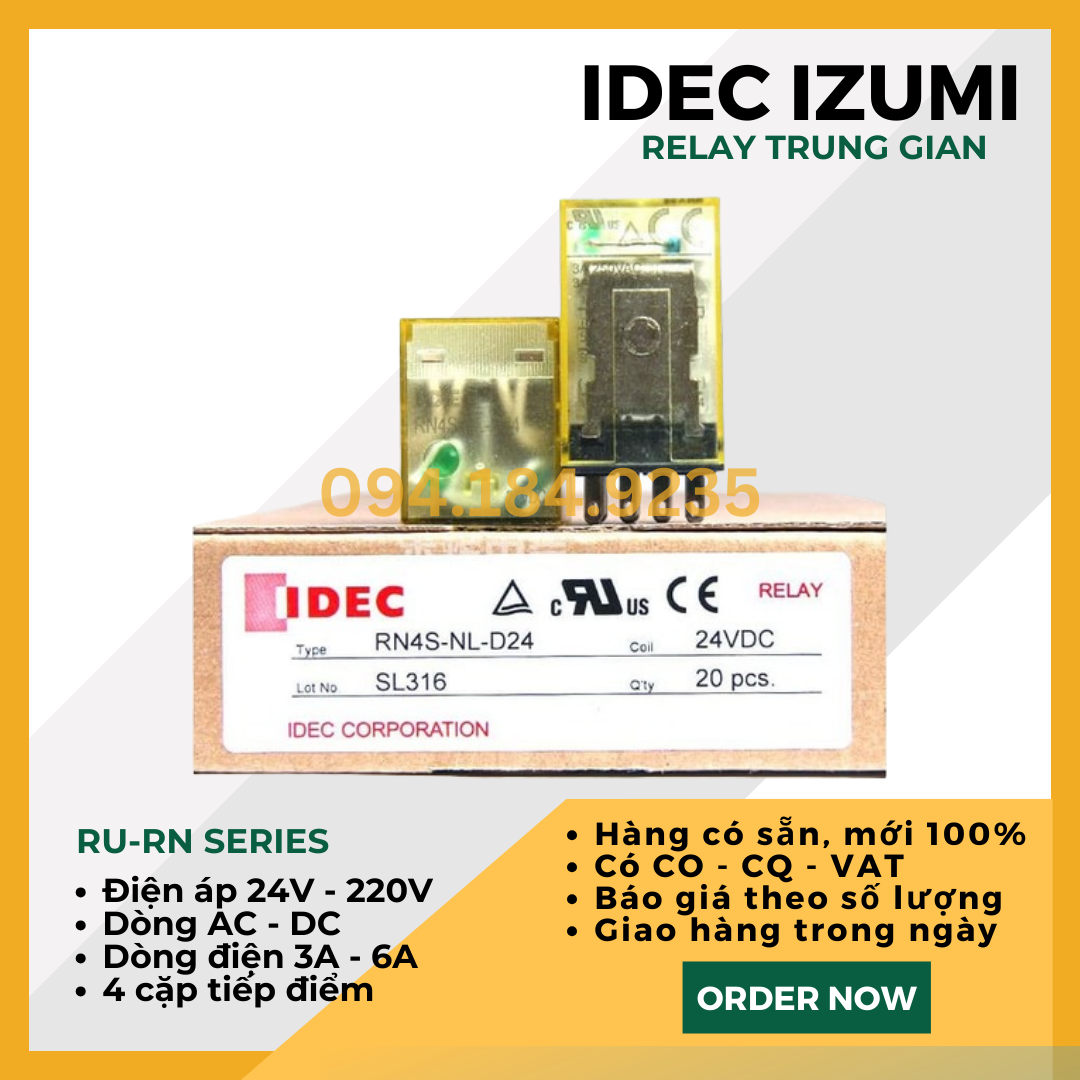 Relay 3A 24VDC - Rơ le nguồn nhỏ gọn IDEC RN4S-NL-D24 _ Relay IDEC RN4S-NL-D24 _ Relay Trung Gian 3A _ Đầu relay - Không đế