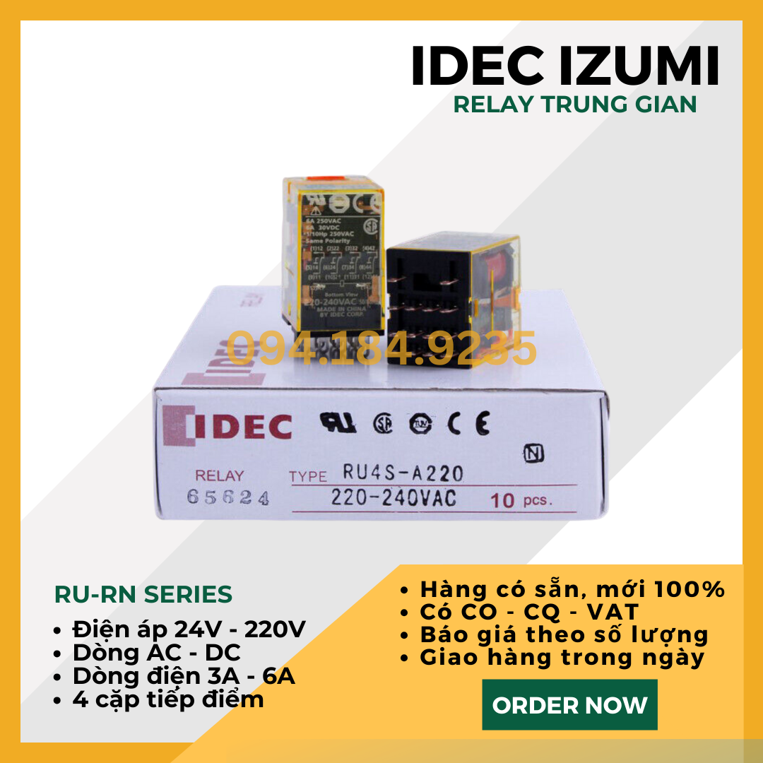 Relay 6A 220VAC - Rơ le nguồn nhỏ gọn IDEC RU4S-A220 _ Relay IDEC RU4SA220 _ Relay Trung Gian 3A _ Đầu relay - Không đế