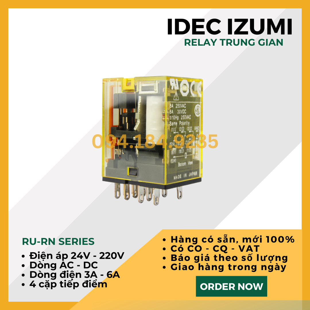 Relay 6A 24VDC - Rơ le nguồn nhỏ gọn IDEC RU4S-D24 _ Relay IDEC RU4S D24 _ Relay Trung Gian 6A _ Đầu relay - Không đế