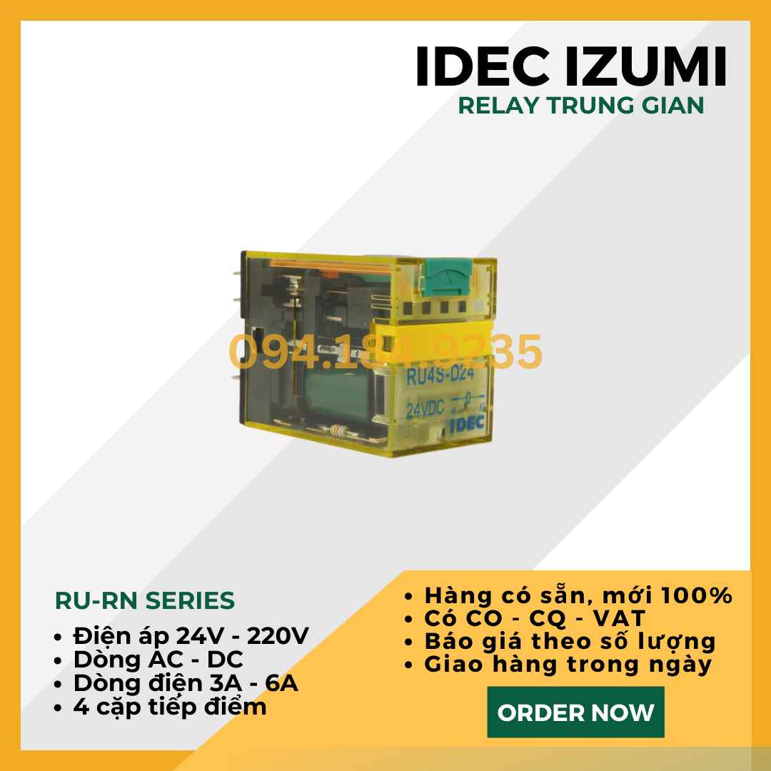 Relay 6A 24VDC - Rơ le nguồn nhỏ gọn IDEC RU4S-D24 _ Relay IDEC RU4S D24 _ Relay Trung Gian 6A _ Đầu relay - Không đế