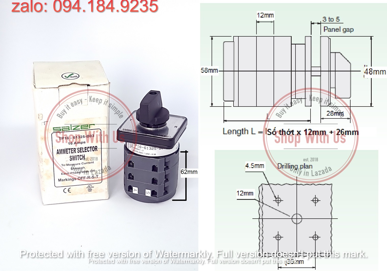 Chuyển mạch Ampe - Công tắc xoay Ampe TP16 61325 - Chuyển mạch 4 vị trí Ấn Độ - Chuyển mạch Ampe Salzer - chuyển mạch Salzer