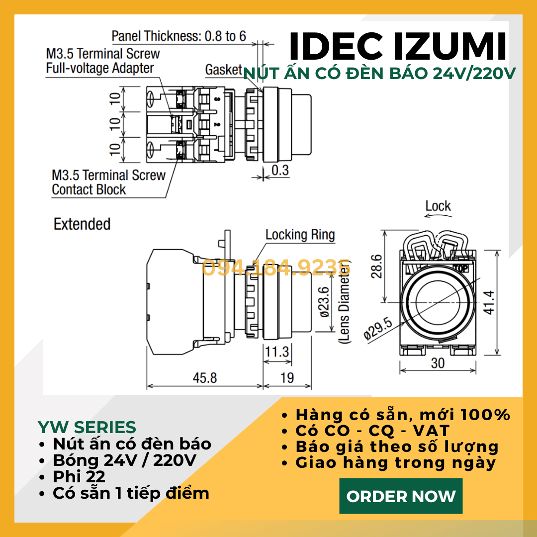 Nút nhấn nhả có đèn IDEC YW1L-M2E10QM3G 220VAC D22 (Xanh) - Nút Ấn Có Đèn Xanh Phi 22 - Đề Có Đèn Xanh IDEC - Tiếp Điểm Đơn Tự Chọn