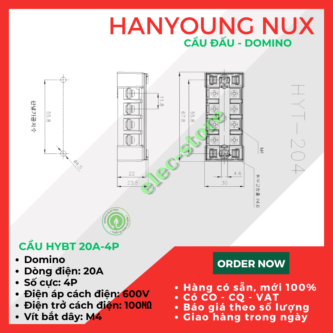 Cầu Đấu Hanyoung HYBT - Cầu Đấu HYT - Cầu Đấu 20A 4P Hàn Quốc -  HYBT 204 Hanyoung Nux