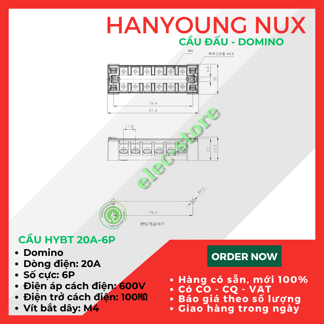 Cầu Đấu Hanyoung HYBT - Cầu Đấu HYT - Cầu Đấu 20A 6P Hàn Quốc -  HYBT 206 Hanyoung Nux