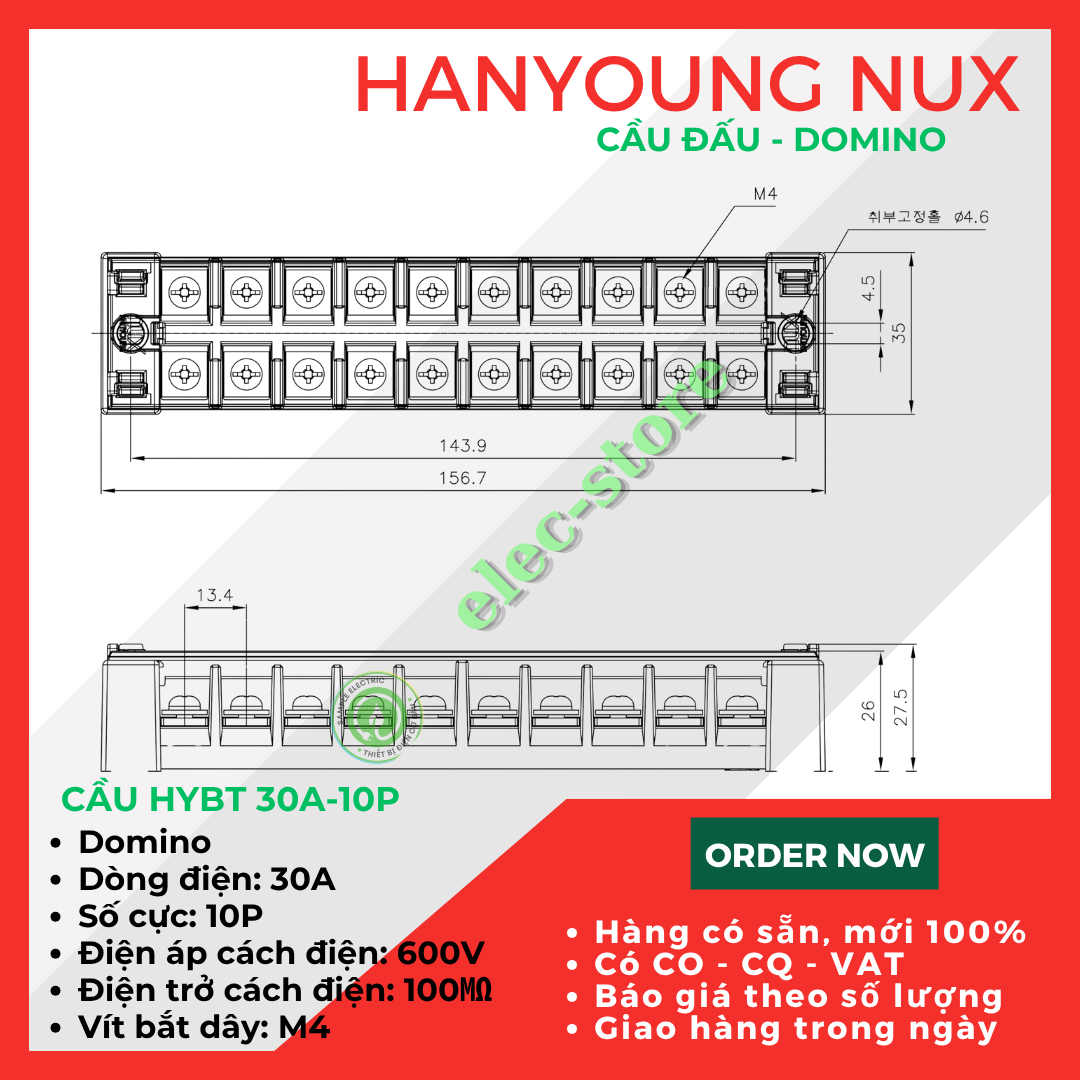 Cầu Đấu Hanyoung HYBT - Cầu Đấu HYT - Cầu Đấu 30A 10P Hàn Quốc -  HYBT 3010 Hanyoung Nux
