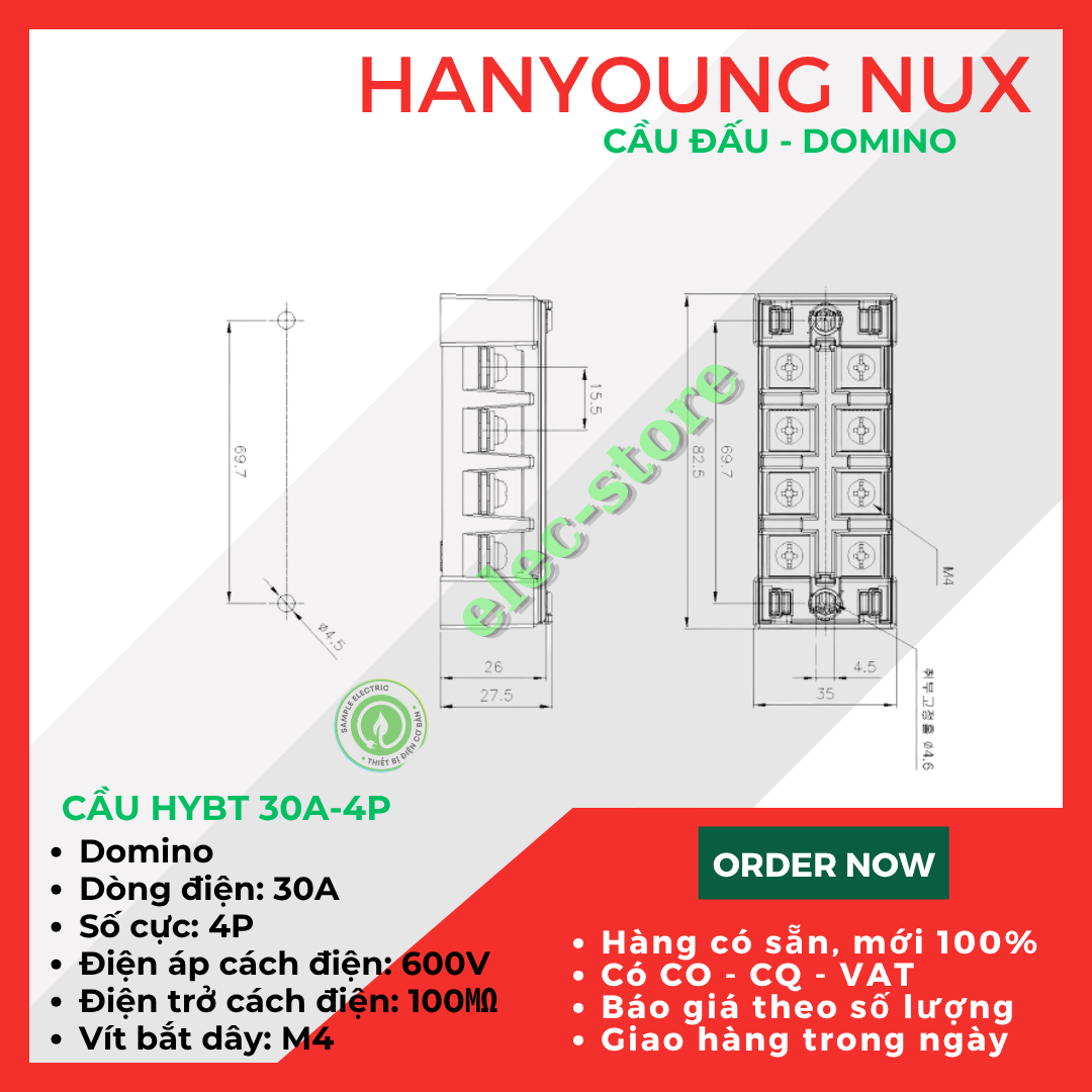 Cầu Đấu Hanyoung HYBT - Cầu Đấu HYT - Cầu Đấu 30A 4P Hàn Quốc -  HYBT 304 Hanyoung Nux