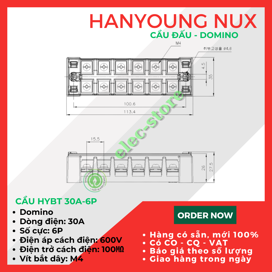 Cầu Đấu Hanyoung HYBT - Cầu Đấu HYT - Cầu Đấu 30A 6P Hàn Quốc -  HYBT 306 Hanyoung Nux