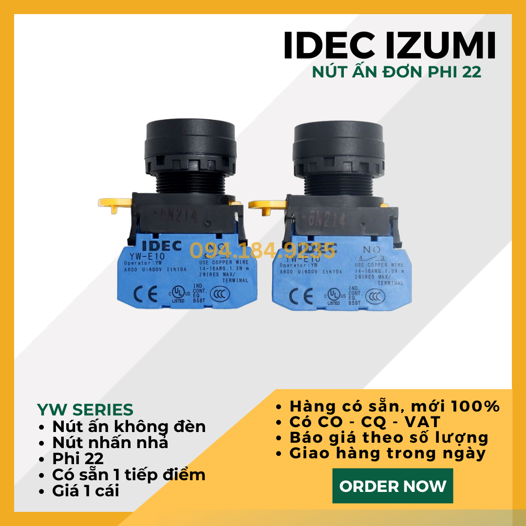 Nút ấn đỏ IDEC - Nút ấn đơn vàng - Đề đơn vàng IDEC - YW1B ME1E10Y - Nút nhấn nhả màu vàng phi 22