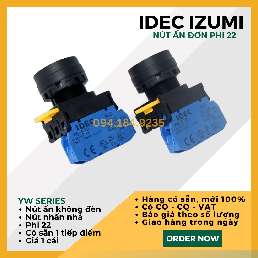 Nút ấn xanh IDEC - Nút ấn đơn xanh - Đề đơn xanh IDEC - YW1B ME1E10G - Nút nhấn nhả màu xanh phi 22