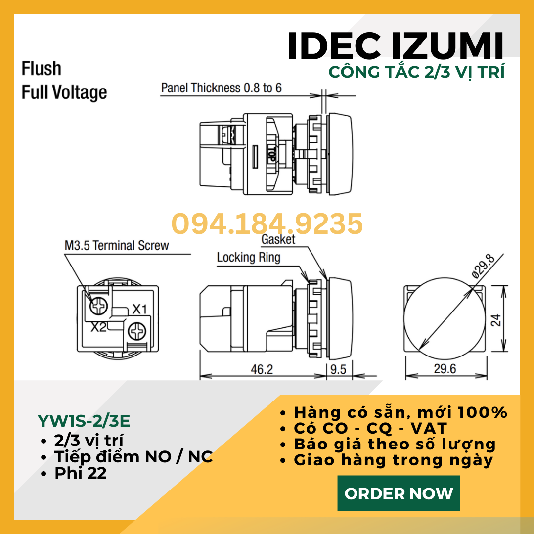 Công tắc 2 vị trí IDEC YW1S-2E10 22mm 1NO - Công tắc xoay 2 vị trí On-Off IDEC - Công tắc YW1S 2E11 tiếp điểm tự chọn