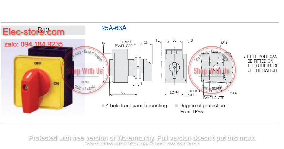 Công tắc LB263 3P 63A  On/Off - Công tắc chuyển mạch dòng điện ba pha  LB263 313 09 B13 TDYR- Chuyển mạch dòng 3P 63A 2 vị trí ON/OFF -  Công tắc xoay 2 vị trí đổi dòng 3P 63A - chuyển mạch Salzer