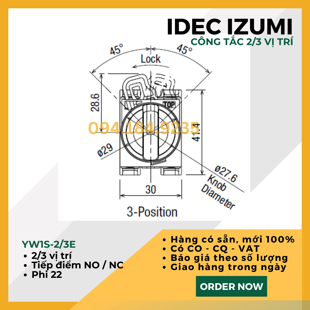 Công tắc 2 vị trí IDEC YW1S-2E10 22mm 1NO - Công tắc xoay 2 vị trí On-Off IDEC - Công tắc YW1S 2E11 tiếp điểm tự chọn