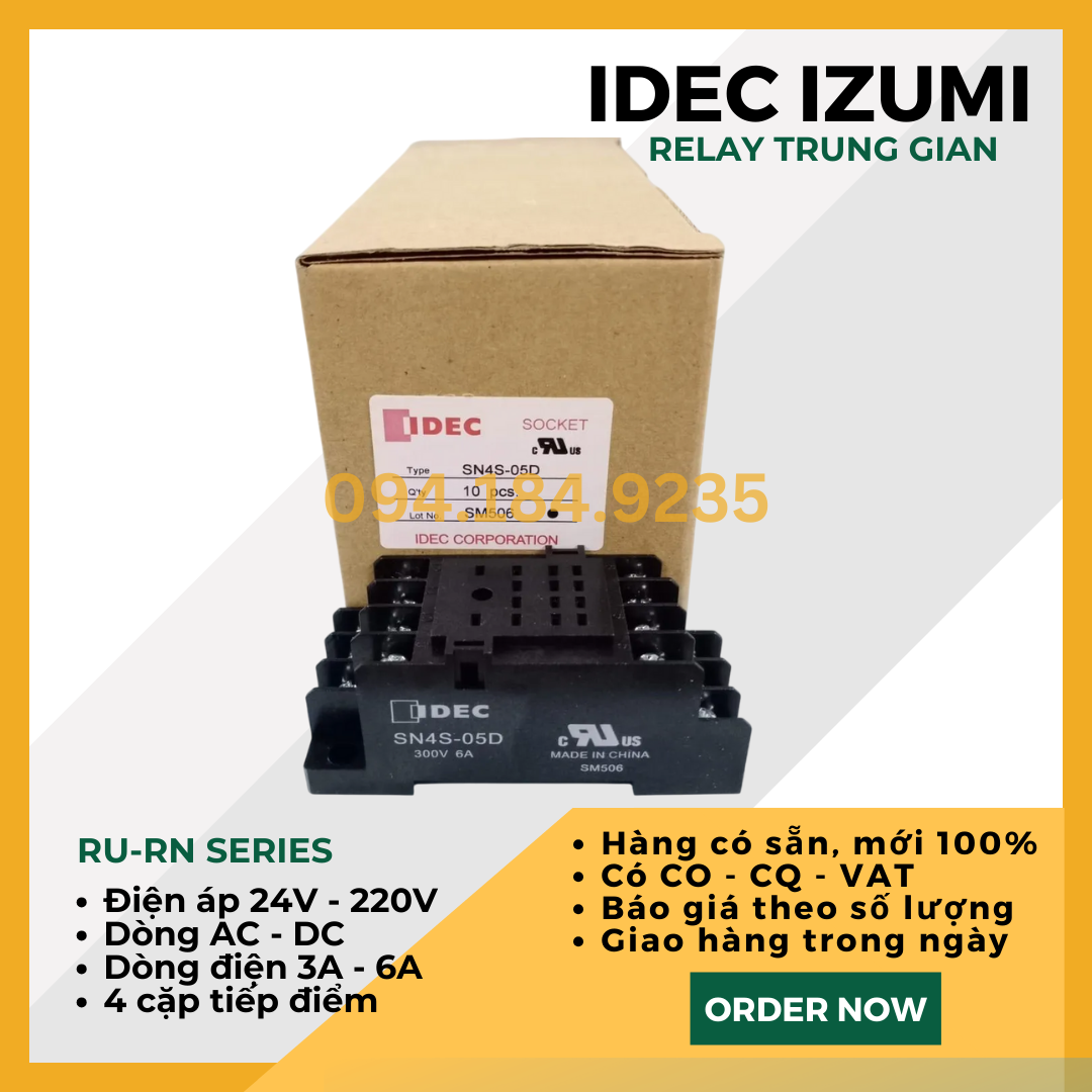 Đế Rơ le nguồn SN4S-05D _ Đế rơ le gắn thanh ray dùng cho rơ le RN IDEC SN series _ Đế 14 chân