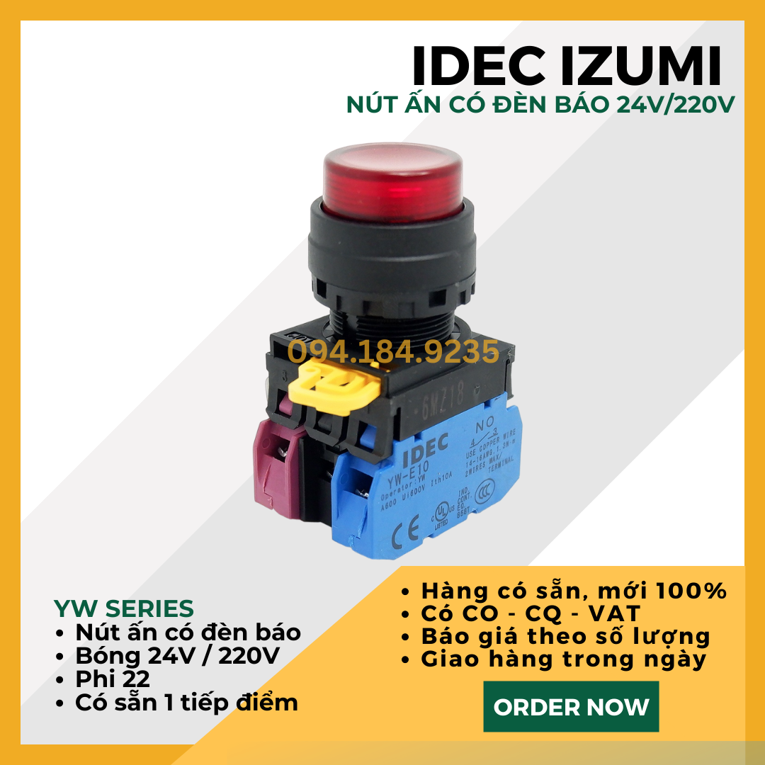 Nút nhấn nhả có đèn IDEC YW1L-M2E01Q4R 24VAC/DC D22 (ĐỎ) - Nút Ấn Có Đèn ĐỎ Phi 22 - Đề Có Đèn ĐỎ IDEC - Tiếp Điểm Đơn Tự Chọn