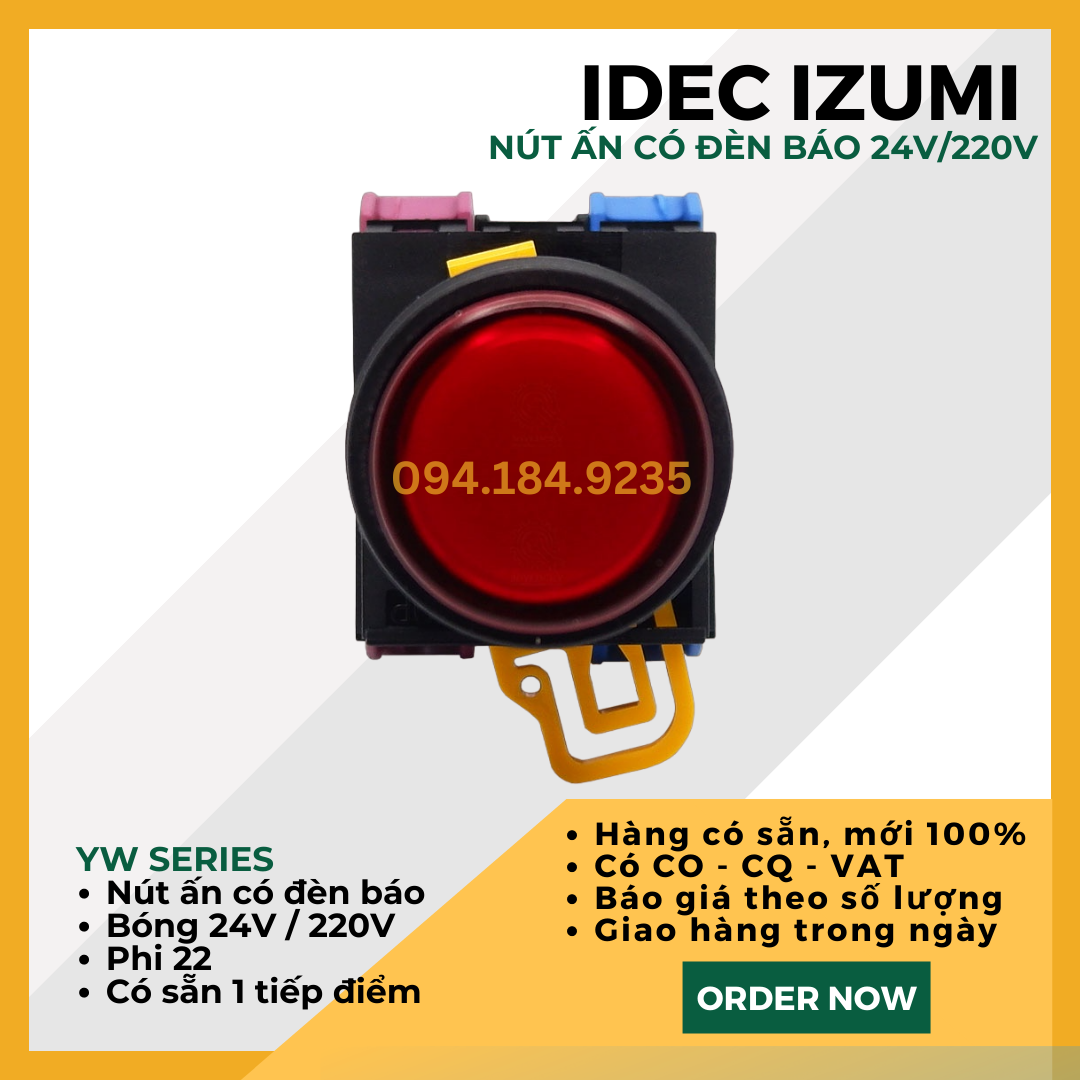 Nút nhấn nhả có đèn IDEC YW1L-M2E01Q4R 24VAC/DC D22 (ĐỎ) - Nút Ấn Có Đèn ĐỎ Phi 22 - Đề Có Đèn ĐỎ IDEC - Tiếp Điểm Đơn Tự Chọn