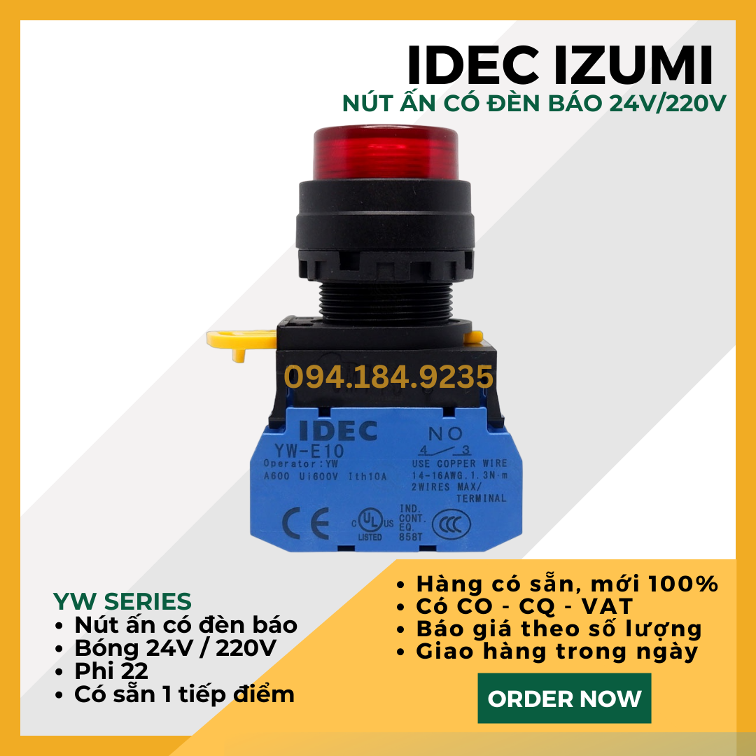 Nút nhấn nhả có đèn IDEC YW1L-M2E01Q4R 24VAC/DC D22 (ĐỎ) - Nút Ấn Có Đèn ĐỎ Phi 22 - Đề Có Đèn ĐỎ IDEC - Tiếp Điểm Đơn Tự Chọn