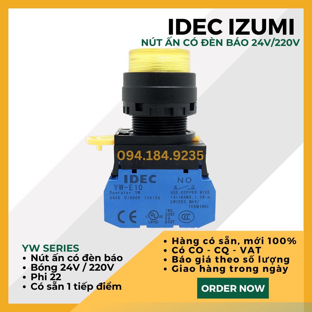 Nút nhấn nhả có đèn IDEC YW1L-M2E01Q4Y 24VAC/DC D22 1NC (VÀNG) - Nút Ấn Có Đèn VÀNG Phi 22 - Đề Có Đèn VÀNG IDEC - Tiếp Điểm Đơn Tự Chọn