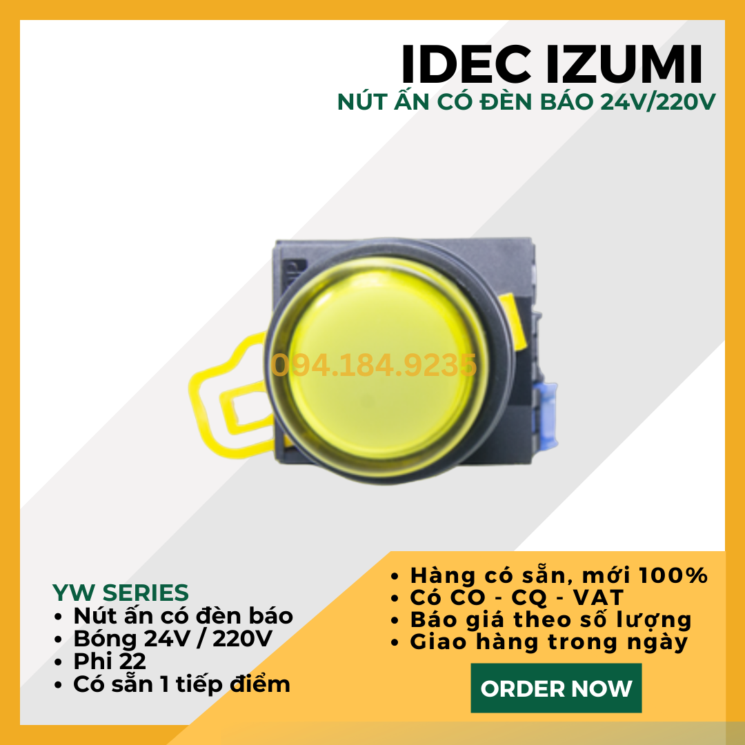 Nút nhấn nhả có đèn IDEC YW1L-M2E10QM3Y 220VAC D22 (VÀNG) - Nút Ấn Có Đèn VÀNG Phi 22 - Đề Có Đèn VÀNG IDEC - Tiếp Điểm Đơn Tự Chọn