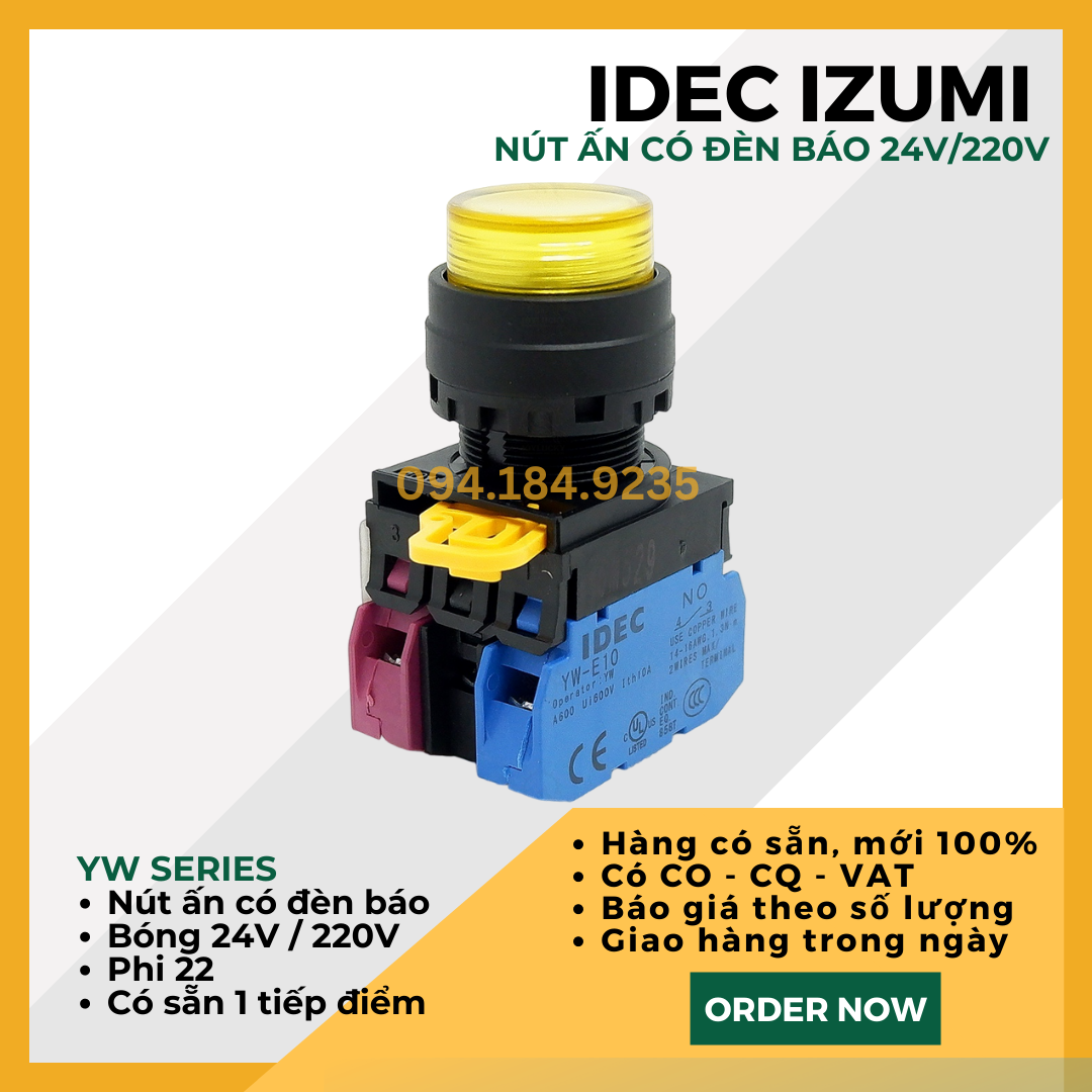 Nút nhấn nhả có đèn IDEC YW1L-M2E01Q4Y 24VAC/DC D22 1NC (VÀNG) - Nút Ấn Có Đèn VÀNG Phi 22 - Đề Có Đèn VÀNG IDEC - Tiếp Điểm Đơn Tự Chọn
