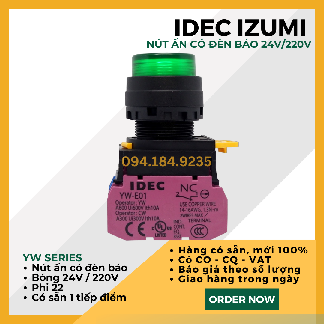 Nút nhấn nhả có đèn IDEC YW1L-M2E10QM3G 220VAC D22 (Xanh) - Nút Ấn Có Đèn Xanh Phi 22 - Đề Có Đèn Xanh IDEC - Tiếp Điểm Đơn Tự Chọn