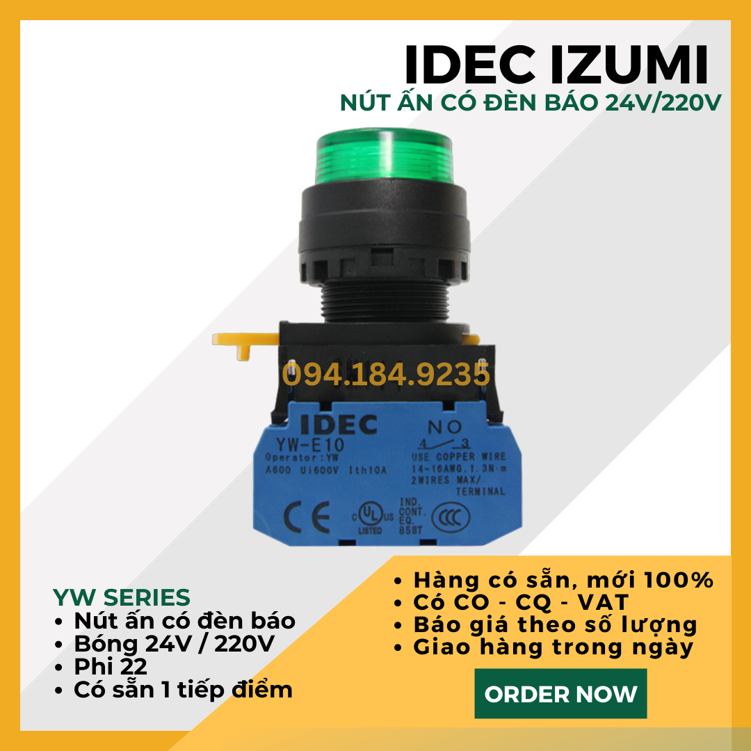 Nút nhấn nhả có đèn IDEC YW1L-M2E10QM3G 220VAC D22 (Xanh) - Nút Ấn Có Đèn Xanh Phi 22 - Đề Có Đèn Xanh IDEC - Tiếp Điểm Đơn Tự Chọn