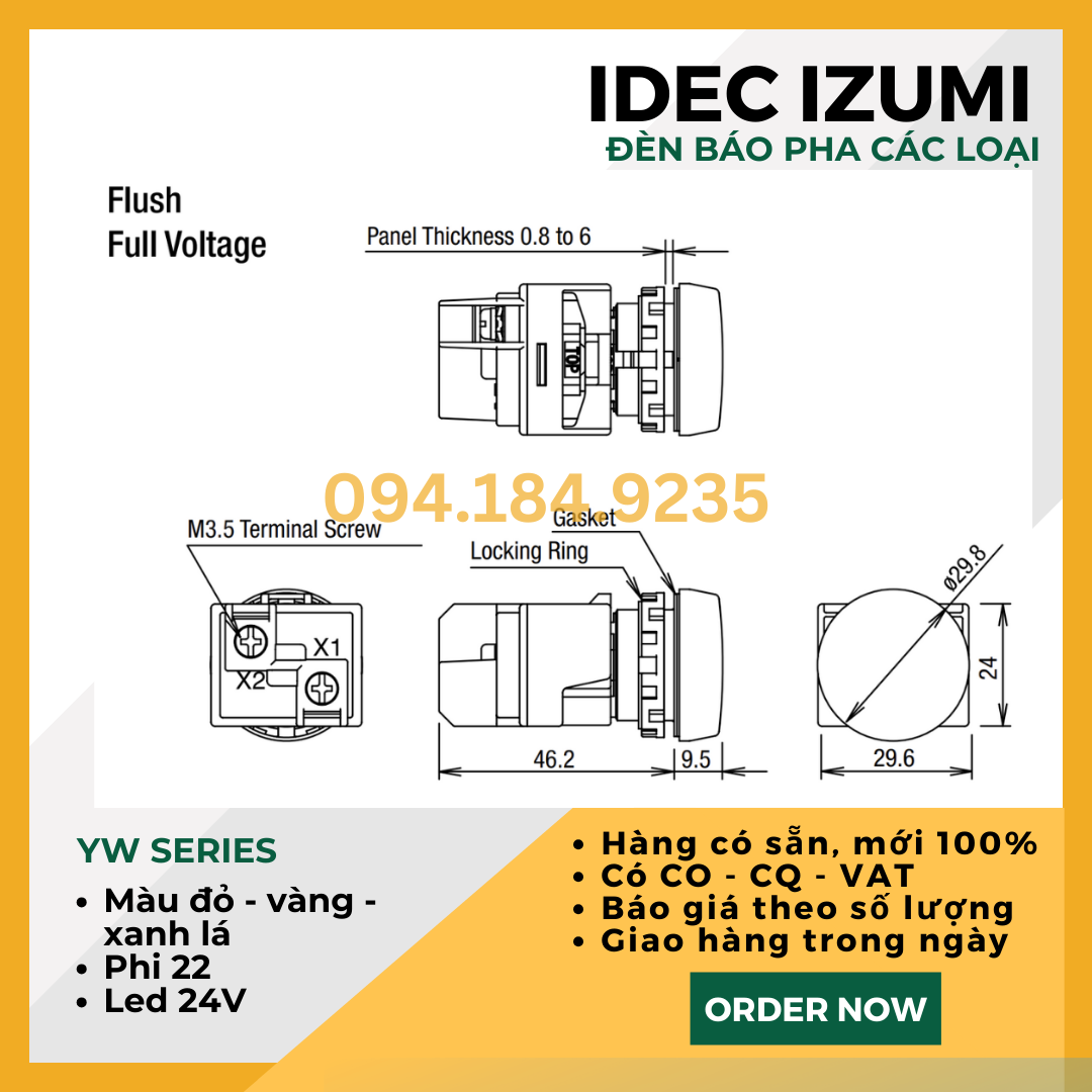 Đèn báo IDEC YW1P-1EQ4Y 24VAC D22 (Xanh) - Đèn Báo Pha Phi 22 - Đèn Báo IDEC màu xanh