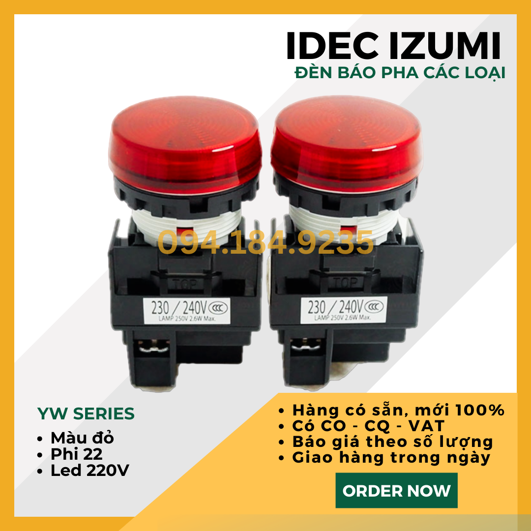 Đèn báo IDEC YW1P-1EQM3R 220VAC D22 (Đỏ) - Đèn Báo Pha Phi 22 - Đèn Báo IDEC màu đỏ