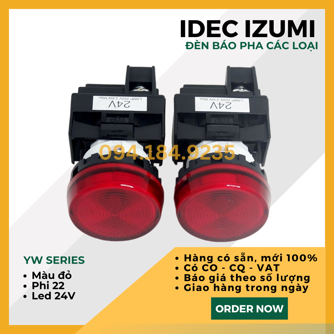 Đèn báo IDEC YW1P-1EQ4R 24VAC D22 (Đỏ) - Đèn Báo Pha Phi 22 - Đèn Báo IDEC màu đỏ