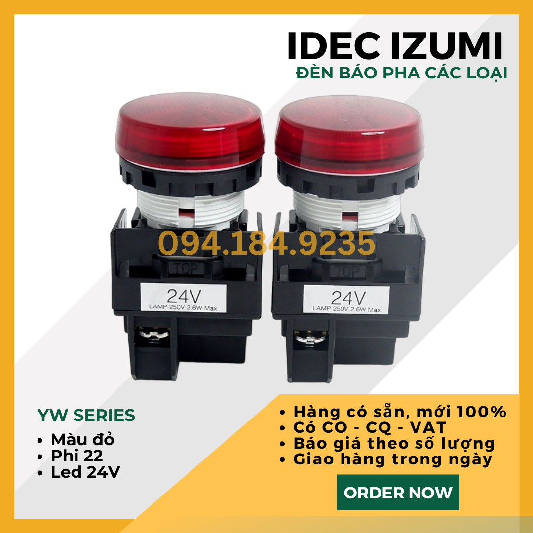 Đèn báo IDEC YW1P-1EQ4R 24VAC D22 (Đỏ) - Đèn Báo Pha Phi 22 - Đèn Báo IDEC màu đỏ