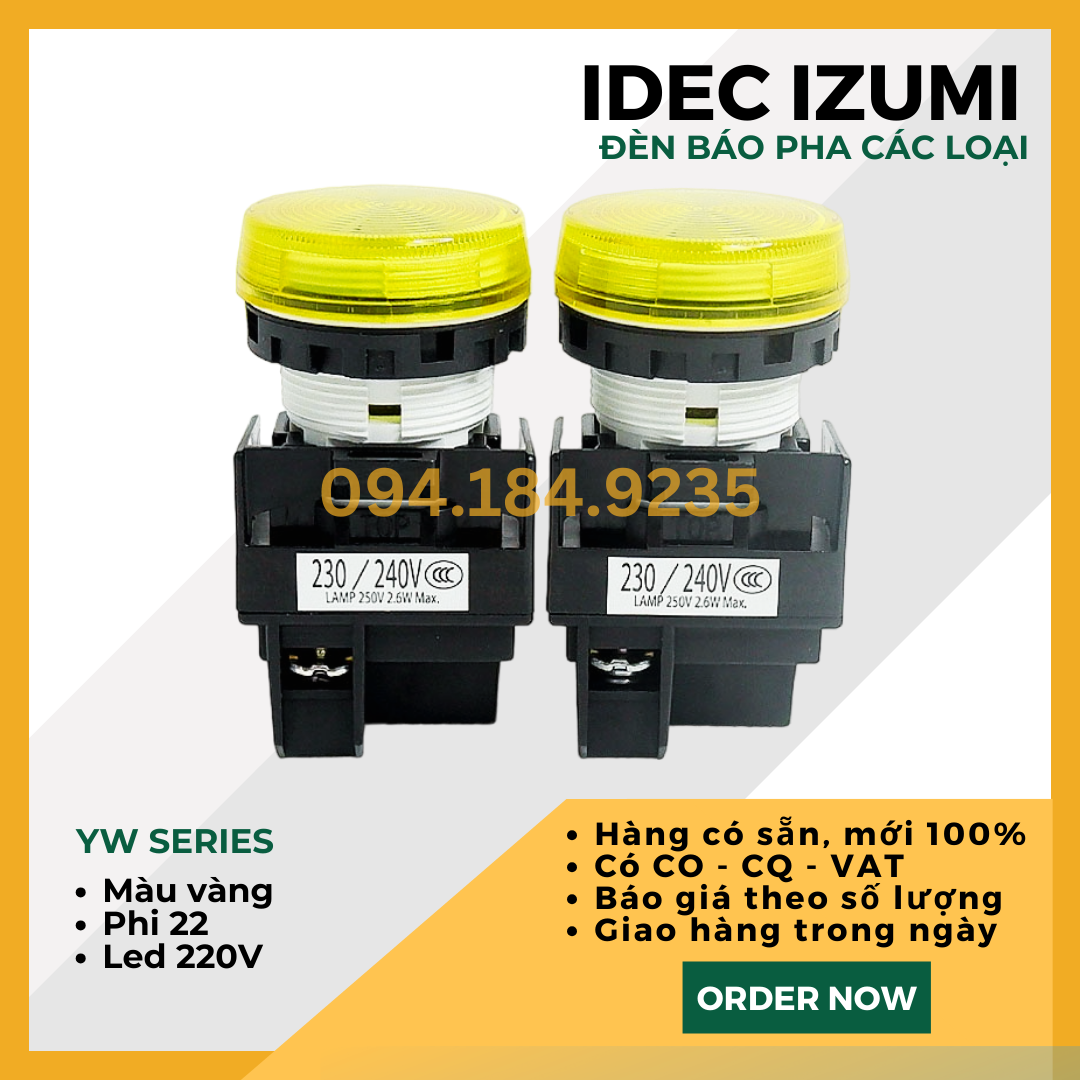 Đèn báo IDEC YW1P-1EQM3Y 220VAC D22 (Vàng) - Đèn Báo Pha Phi 22 - Đèn Báo IDEC màu vàng