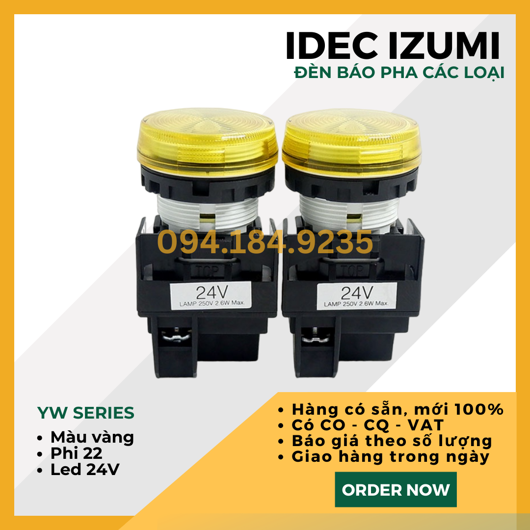 Đèn báo IDEC YW1P-1EQ4Y 24VAC D22 (Vàng) - Đèn Báo Pha Phi 22 - Đèn Báo IDEC màu vàng