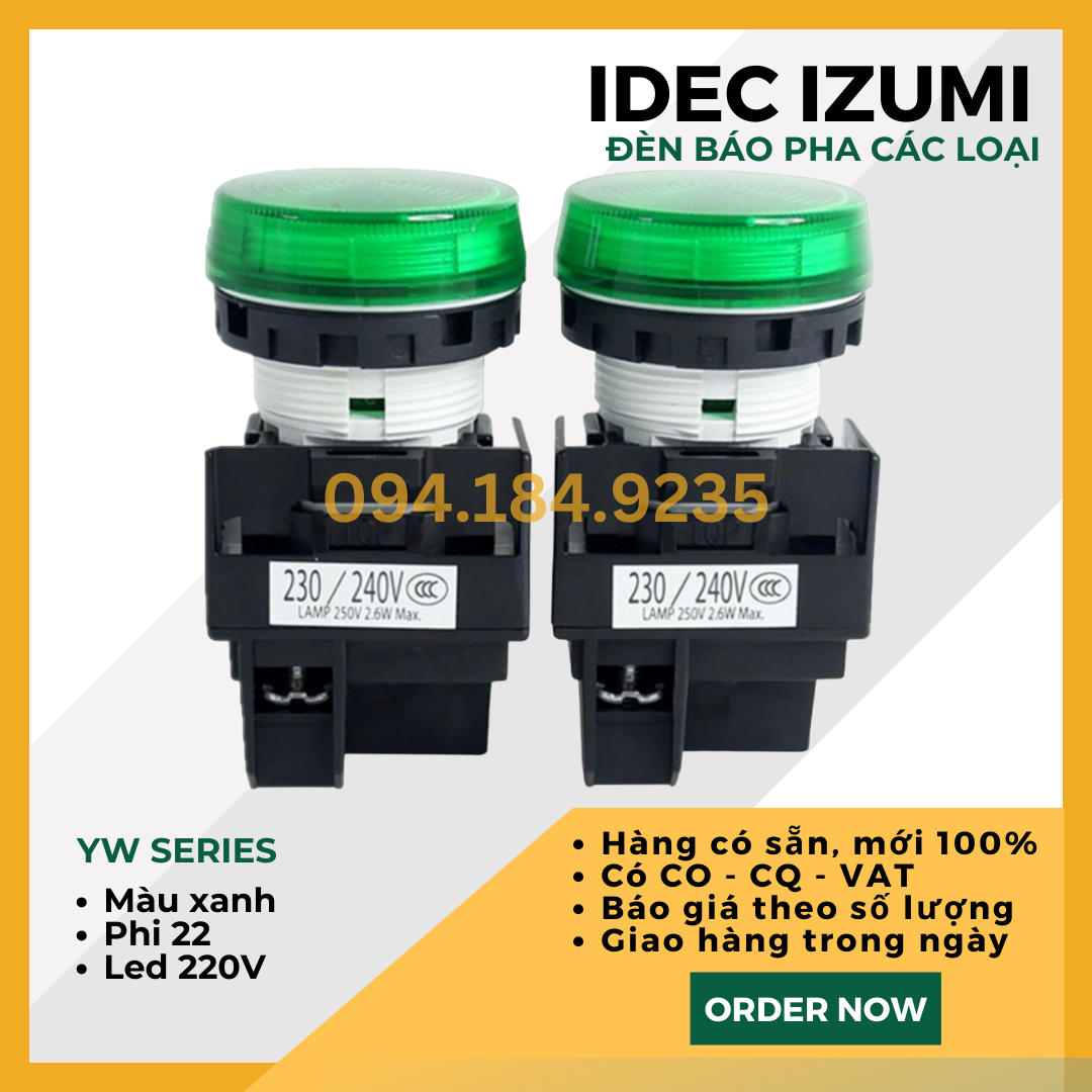 Đèn báo IDEC YW1P-1EQM3G 220VAC D22 (Xanh) - Đèn Báo Pha Phi 22 - Đèn Báo IDEC màu xanh