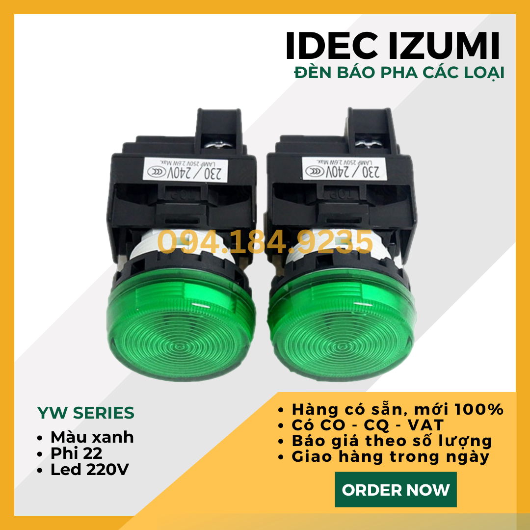 Đèn báo IDEC YW1P-1EQM3G 220VAC D22 (Xanh) - Đèn Báo Pha Phi 22 - Đèn Báo IDEC màu xanh