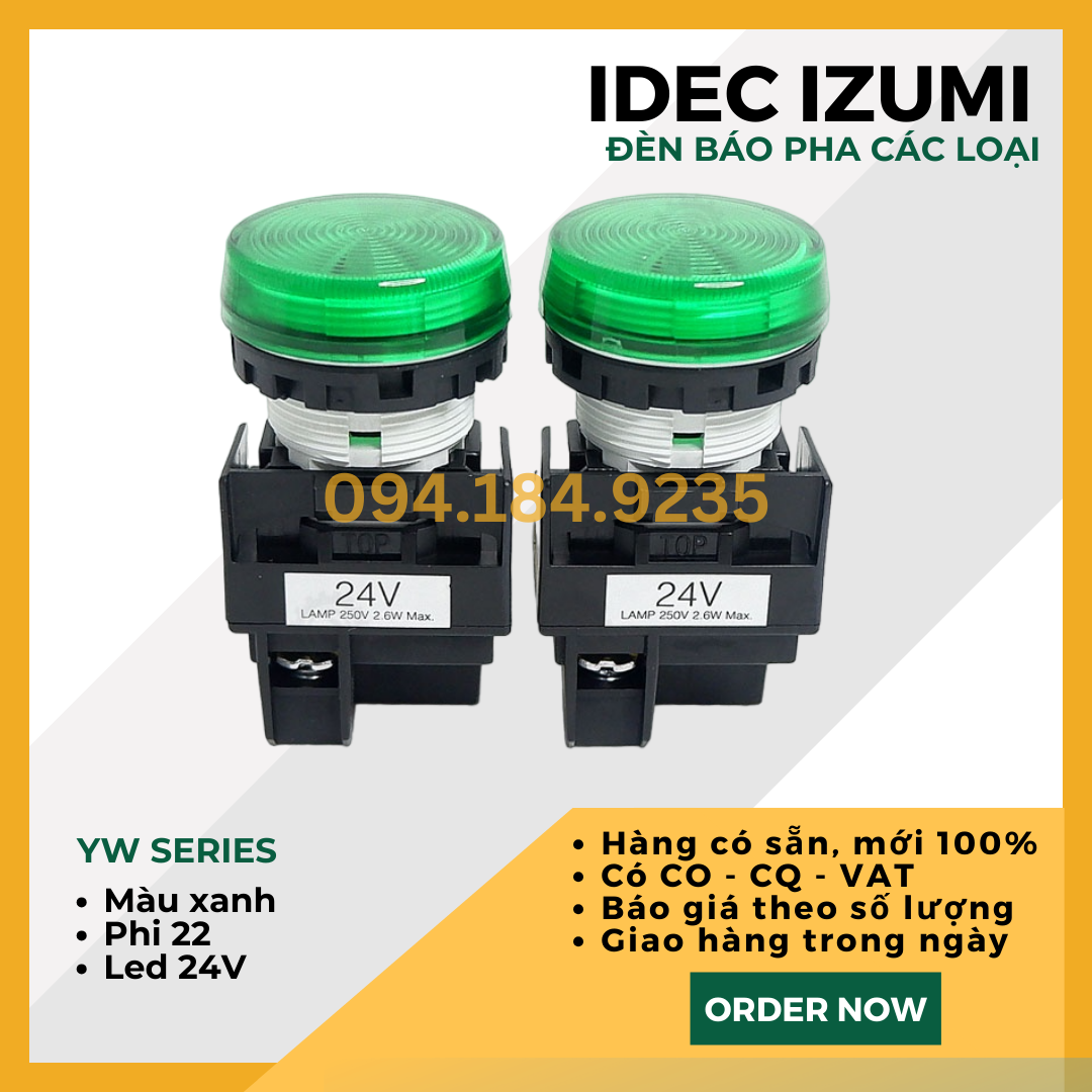 Đèn báo IDEC YW1P-1EQ4Y 24VAC D22 (Xanh) - Đèn Báo Pha Phi 22 - Đèn Báo IDEC màu xanh