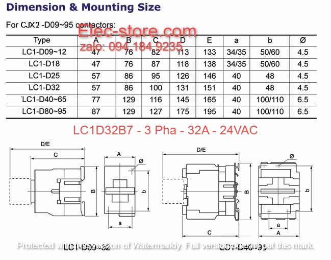 Khởi Động Từ Schneider LC1D32 - Contactor Schneider LC1D32B7 - Khởi 3 Pha 32A 24VAC