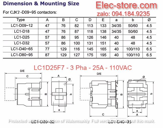 Khởi Động Từ Schneider LC1D25 - Contactor Schneider LC1D25F7 - Khởi 3 Pha 25A 110VAC