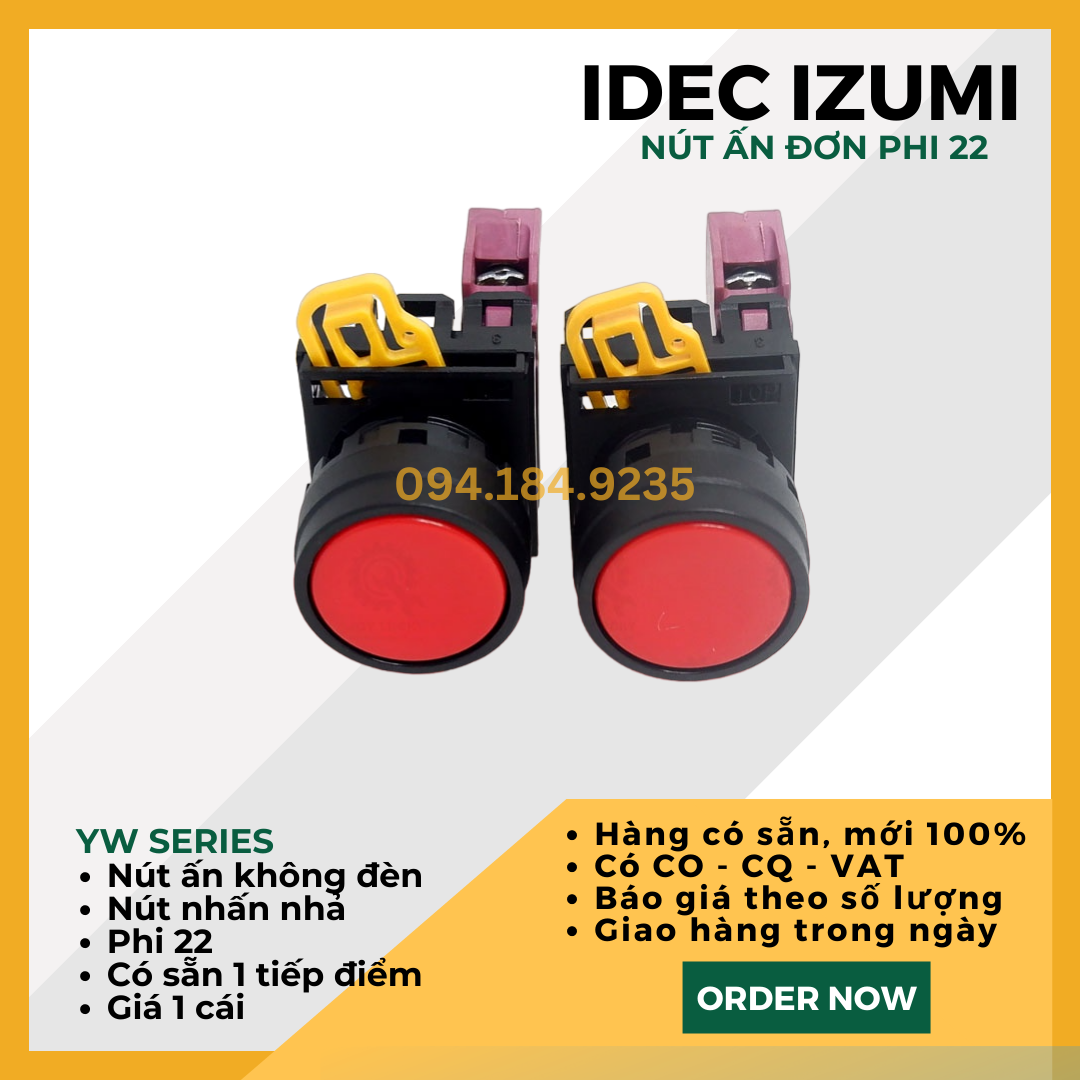 Nút ấn đỏ IDEC - Nút ấn đơn đỏ - Đề đơn đỏ IDEC - YW1B ME1E10R - Nút nhấn nhả màu đỏ phi 22