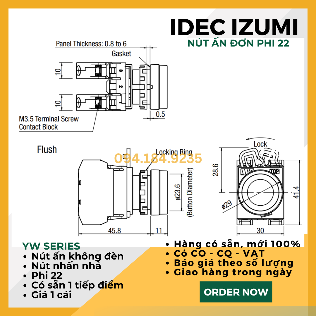 Nút ấn đỏ IDEC - Nút ấn đơn đỏ - Đề đơn đỏ IDEC - YW1B ME1E10R - Nút nhấn nhả màu đỏ phi 22
