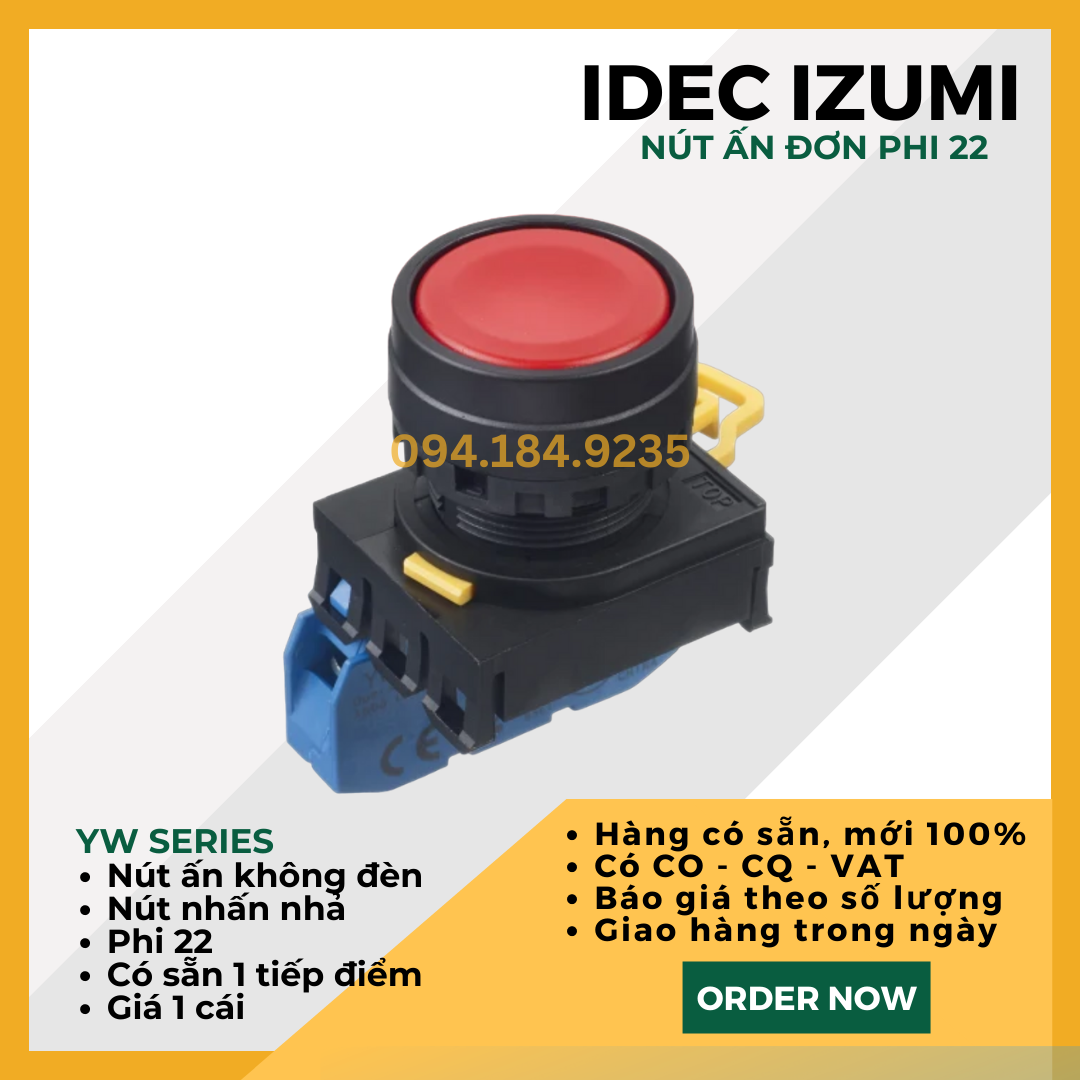 Nút ấn đỏ IDEC - Nút ấn đơn đỏ - Đề đơn đỏ IDEC - YW1B ME1E10R - Nút nhấn nhả màu đỏ phi 22
